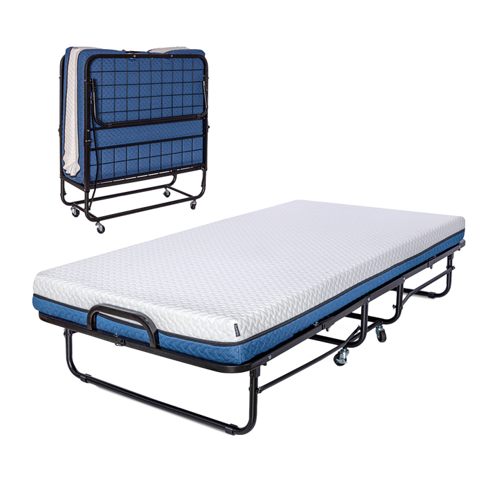 Twin-Size Folding Bed With White and Blue Patterned Cover, Metal Frame, and Wheels, Shown in Both Folded and Unfolded Positions