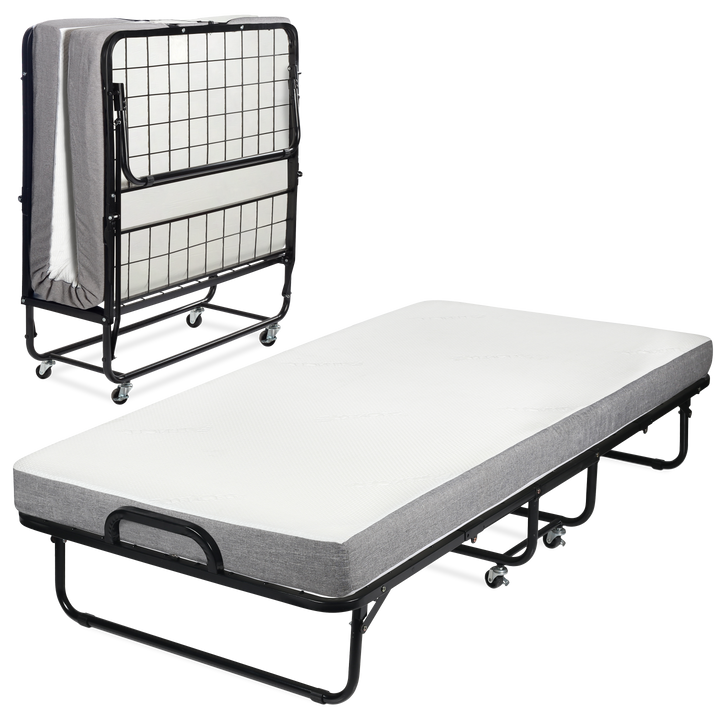 A Folding Bed Cot With a Memory Foam Mattress, Metal Frame, and Wheels, Shown Both Folded and Unfolded