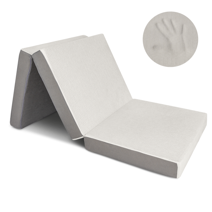 Cream-Colored Milliard 4″ Tri-Fold Foam Mattress in a Folded State, Showing the Texture of the Foam and the Sides of the Mattress