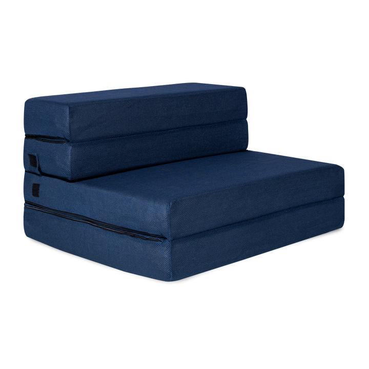Navy Blue Milliard Tri-Fold Foam Folding Mattress Showing the Folded Structure and the Side Pocket